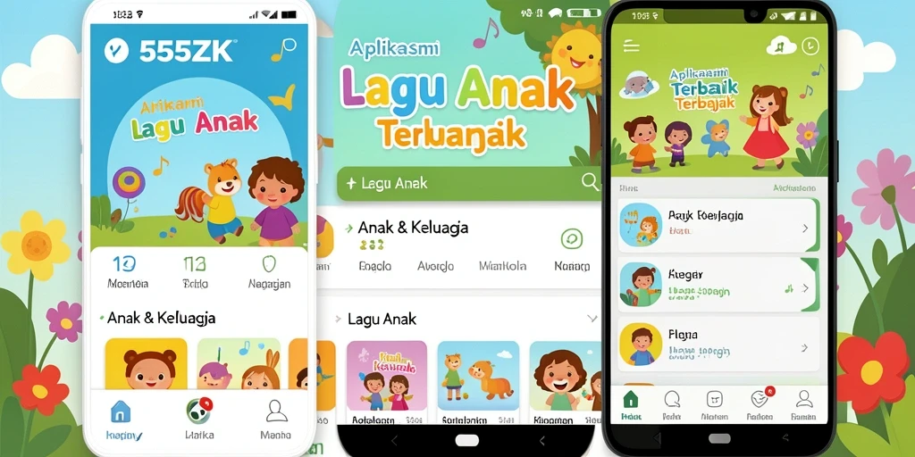 Antarmuka pengguna aplikasi 555ZK untuk Lagu Anak yang berwarna-warni.