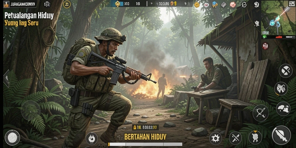 Tampilan antarmuka JURAGANKOIN99 yang penuh aksi dan strategi bertahan hidup.